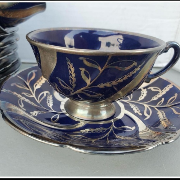 5 x RICHARD GINORI COBALT BLUE/SILVER CUPS AND SAUCERS - Picture 2 of 4